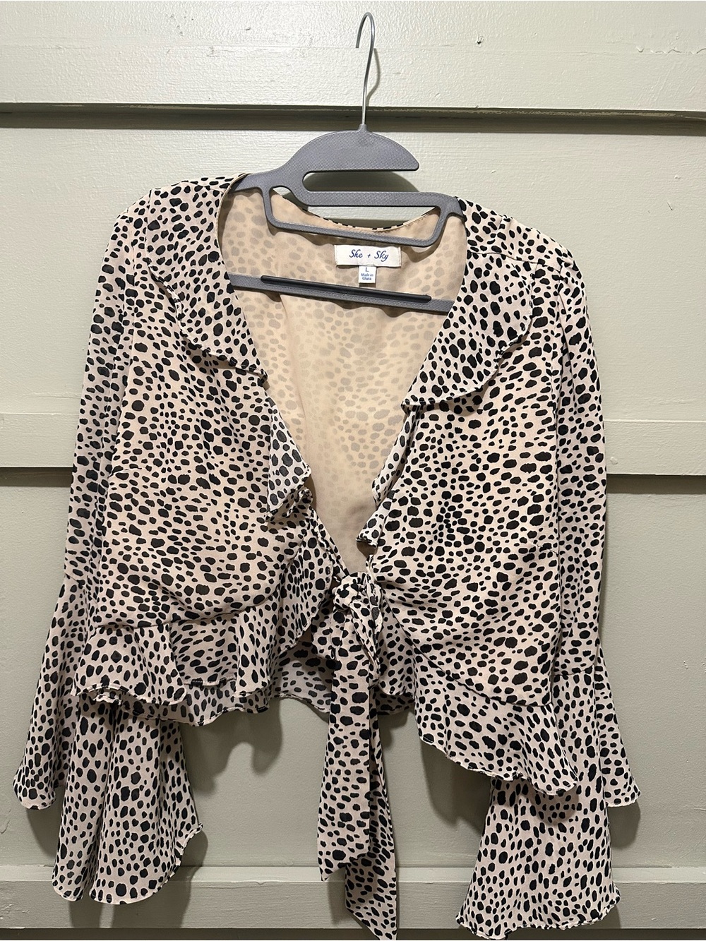 She + Sky Beige and Black Leopard-Print Blouse with Tie Front